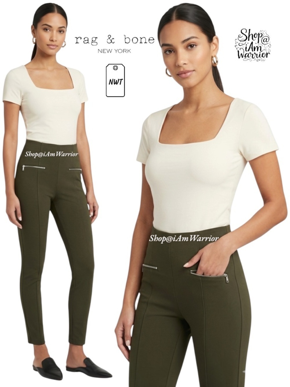 Rag & Bone NWT olive stretch twill high waisted zip pocket pull on leggings